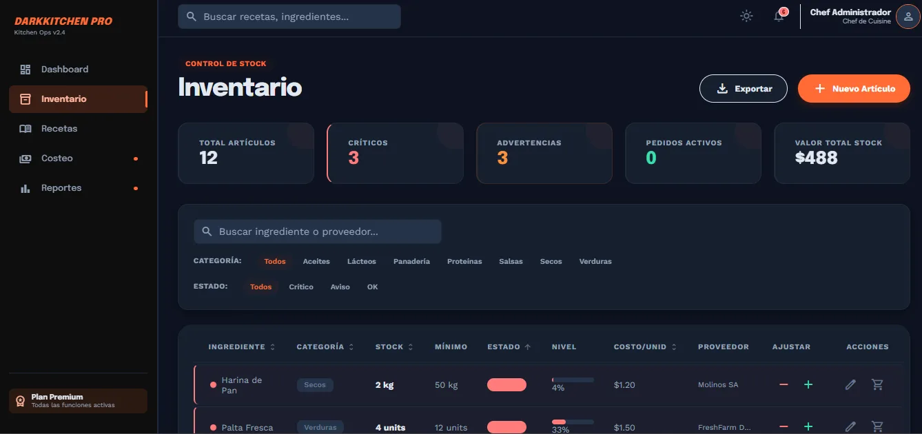 Pantalla de costeo de DarkKitchen Pro