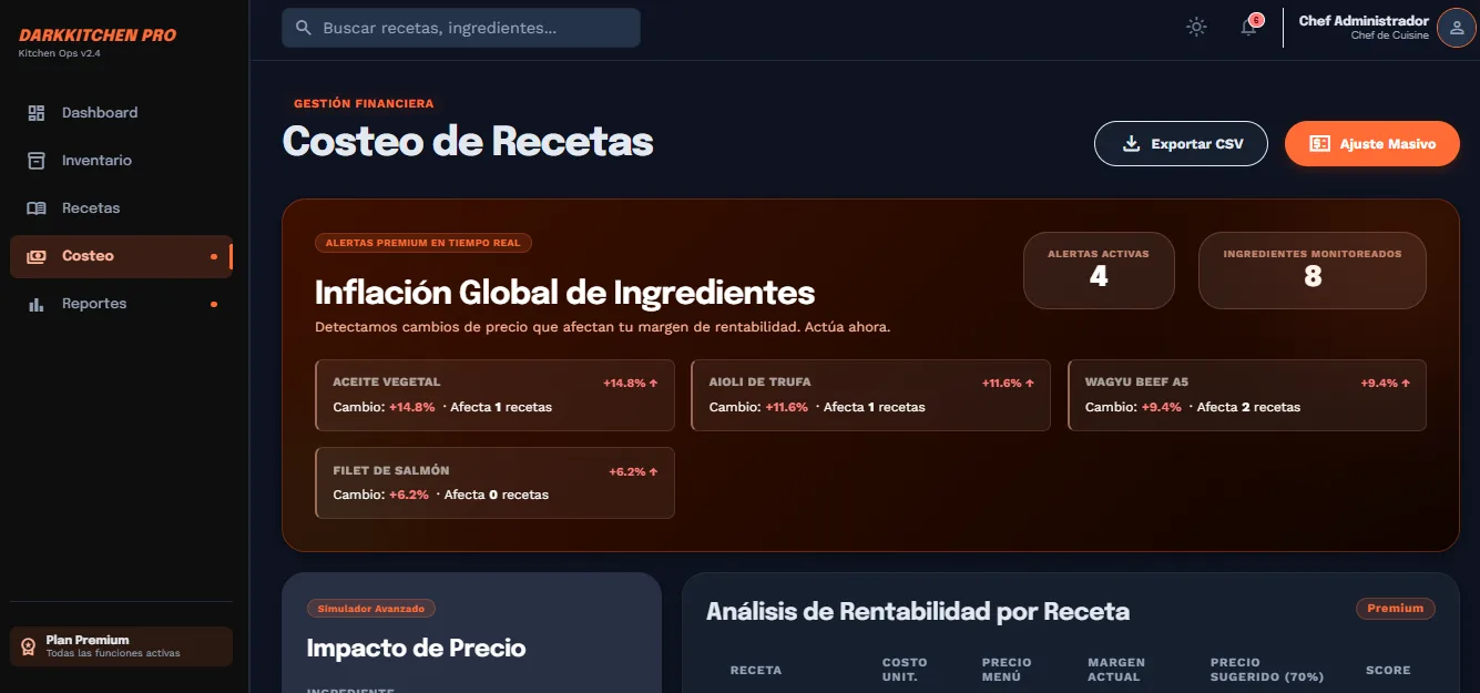 Pantalla de inventario de DarkKitchen Pro