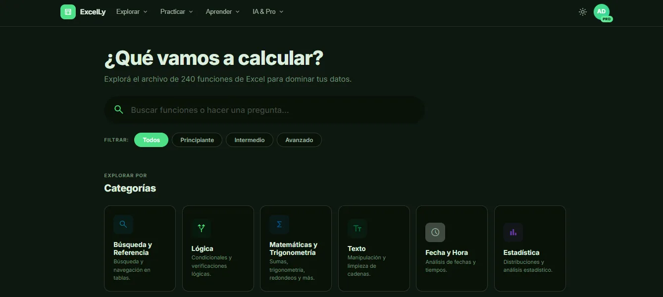 Pantalla del explorador de funciones de Excelly