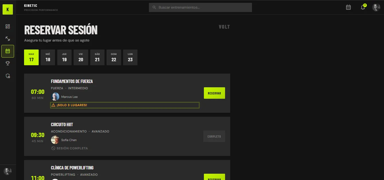 Pantalla de reservas de GymFitmeUp