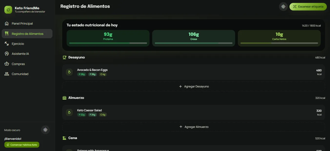 Pantalla de seguimiento diario de Keto FriendMe