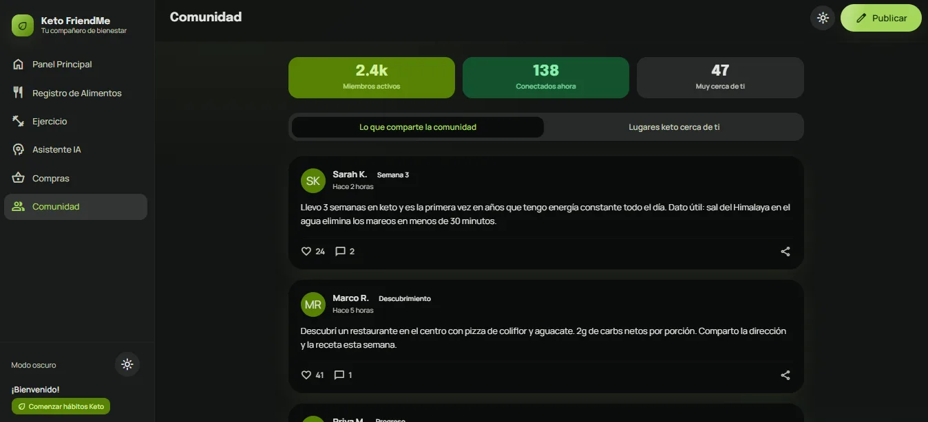 Pantalla de comunidad de Keto FriendMe