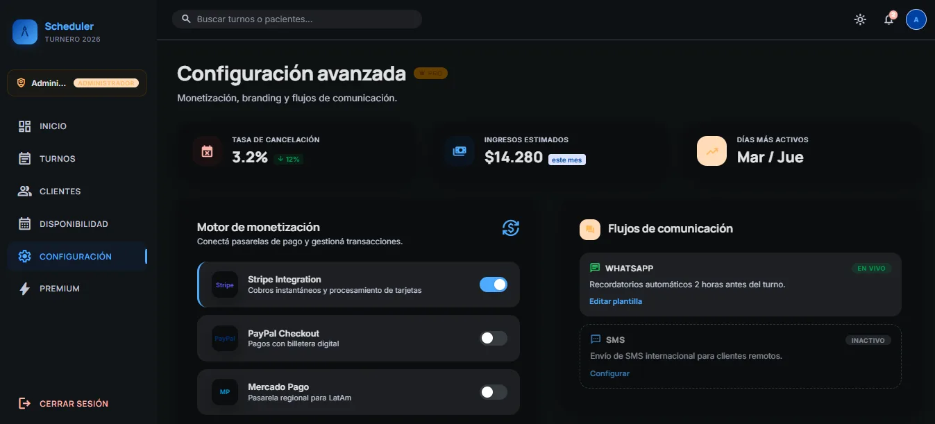 Pantalla de agenda profesional de Turnero 2026